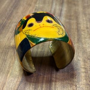 Folk art hand painted brass cuff with cat